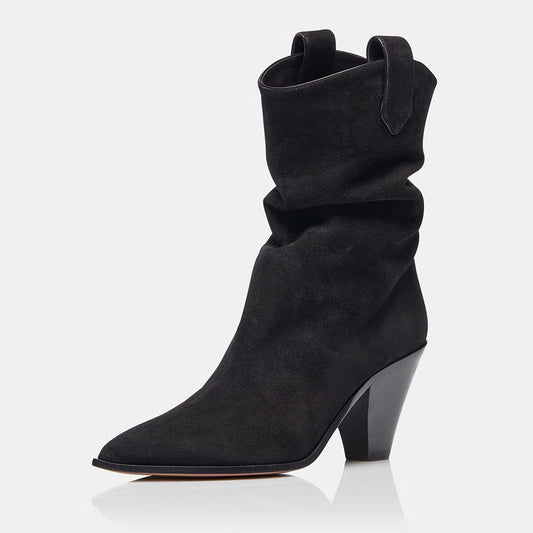 Black Vegan Suede Pointed Toe Cone Heel Slouch Cowgirl Boots