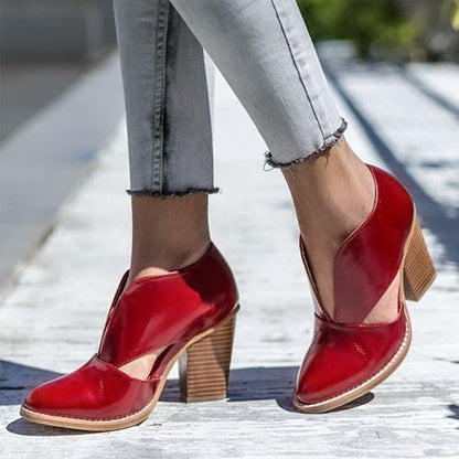 Burgundy Chunky Heels Women's Vintage Shoes Low Cut Loafers