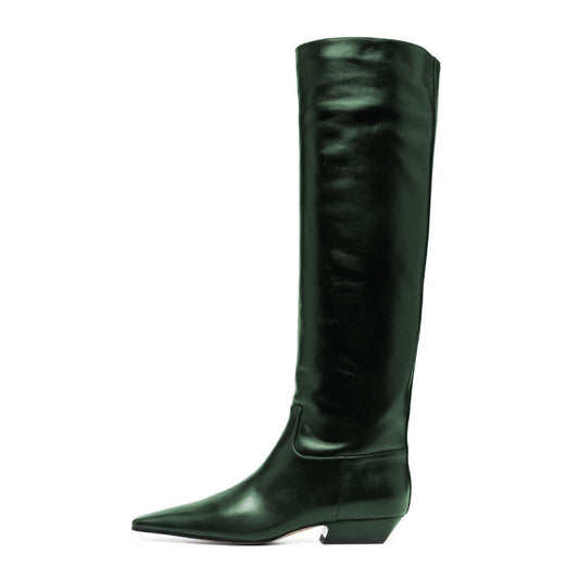 Green Pull-On Chunky Heel Knee High Boots for Women with Square Toe