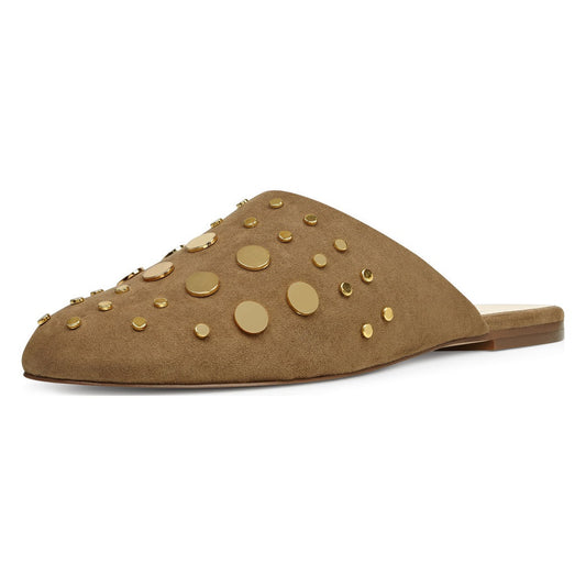 Khaki Round Toe Vegan Suede Mule Flats with Studs