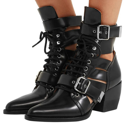 Black Gladiator Lace-Up Buckle Strap Pointed Toe Cut-Out Ankle Boots