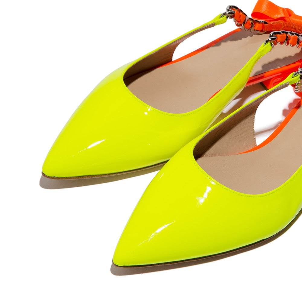 Neon Yellow & Orange Patent Leather Flats Chain Slingback Shoes