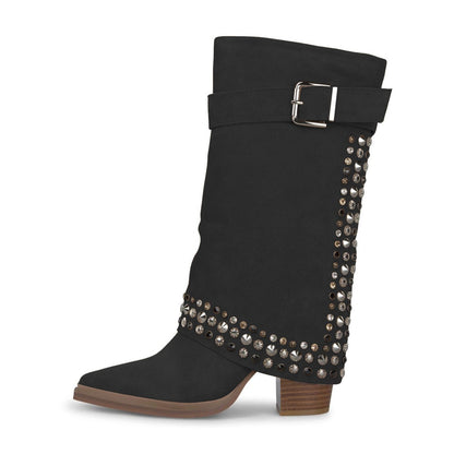 Black Vegan Suede Chunky Heel Studded Fold-Over Mid Calf Boots
