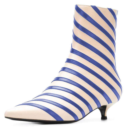 Beige and Blue Pointed Toe Kitten Heel Striped Ankle Boots with Zip