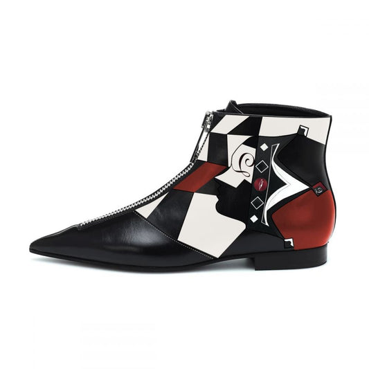Black & White Pointed Toe Flat Booties Zip Color Block Ankle Boots