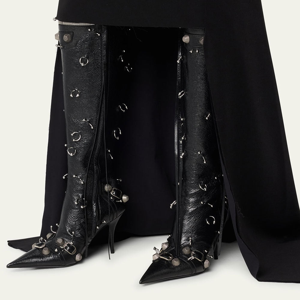 Black Pointed Toe Studded Buckled Knee High Boots with Ring-Piercing