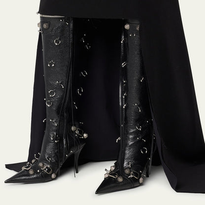 Black Pointed Toe Studded Buckled Knee High Boots with Ring-Piercing