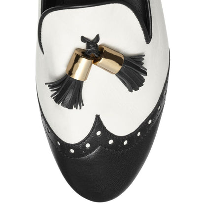 Black and White Flat Women's Loafers Tassels Round Toe Wingtip Shoes