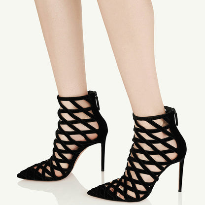 Black Velvet Woven Cage-Like Stiletto Heel Short Boots for Women