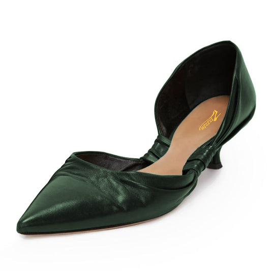 Women's Green Elegant D'Orsay Pointed Toe Low Kitten Heel Pumps