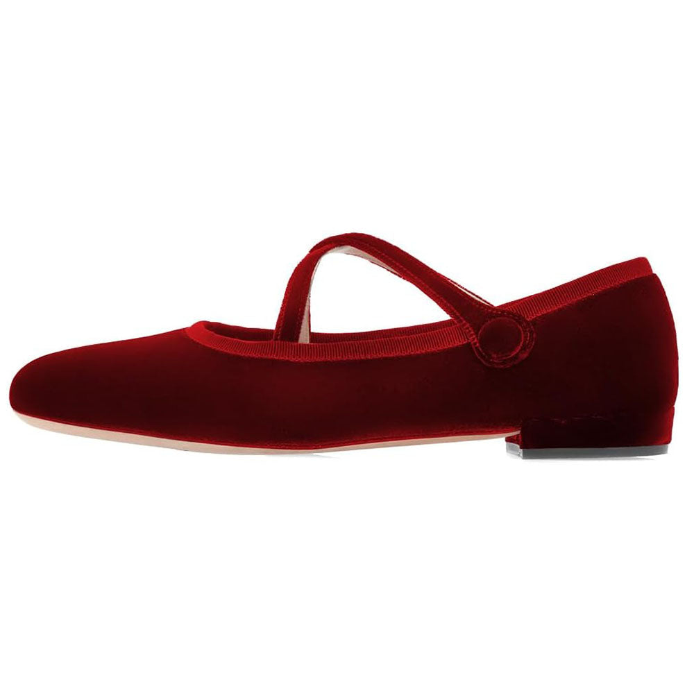 Comfy Maroon Velvet Round Toe Ballet Flats with Straps