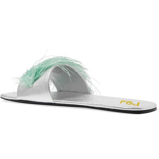 Stylish Silver Open Toe Flats Turquoise Faux Feather Slide Sandals
