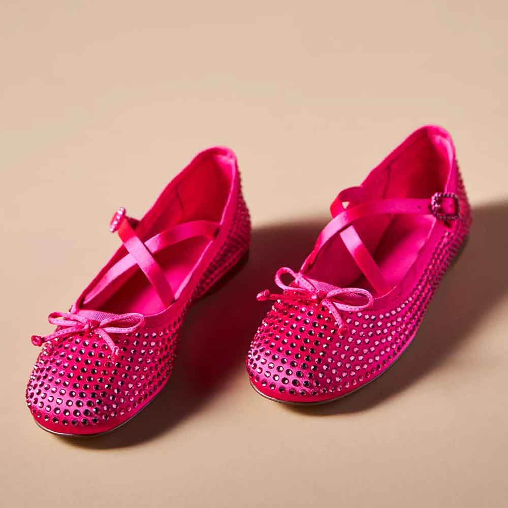 Hot Pink Satin Round Toe Strappy Slip-On Ballet Flats with Bow