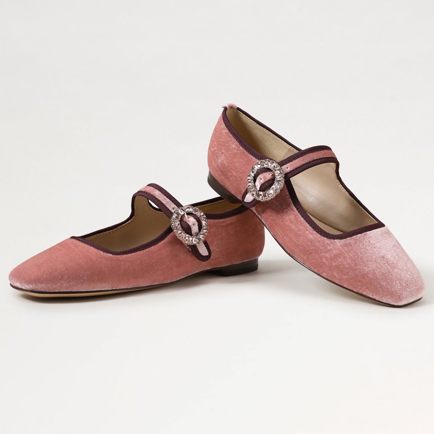 Pink Velvet Square Toe Rhinestone Buckled Strap Mary Jane Flats