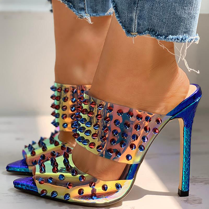 Women's Holographic Pointed Toe Studded Decor Heeled Mules
