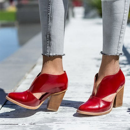 Burgundy Chunky Heels Women's Vintage Shoes Low Cut Loafers