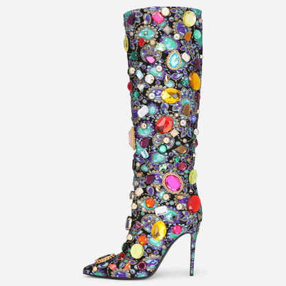 Multicolor Crystal Decor Pointy Toe Knee High Boots with Stiletto Heel