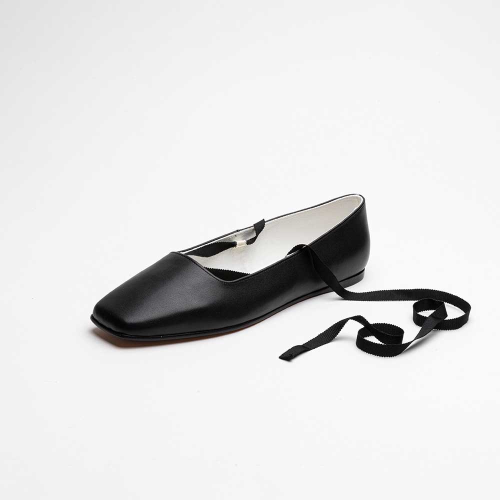 Vegan Leather Square Toe Lace-Up Lady's Ballet Flats in Black