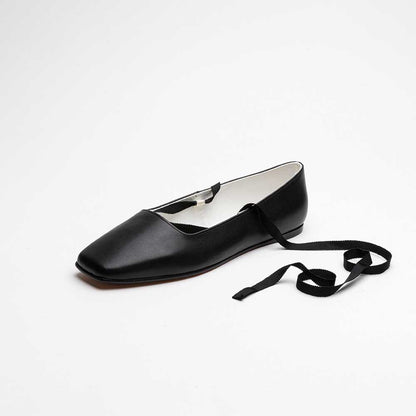 Vegan Leather Square Toe Lace-Up Lady's Ballet Flats in Black