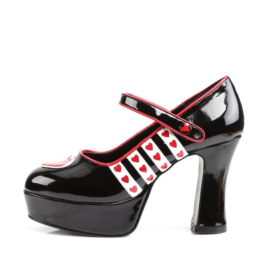 Harley Quinn Black Patent Leather Platform Mary Janes with Red Hearts