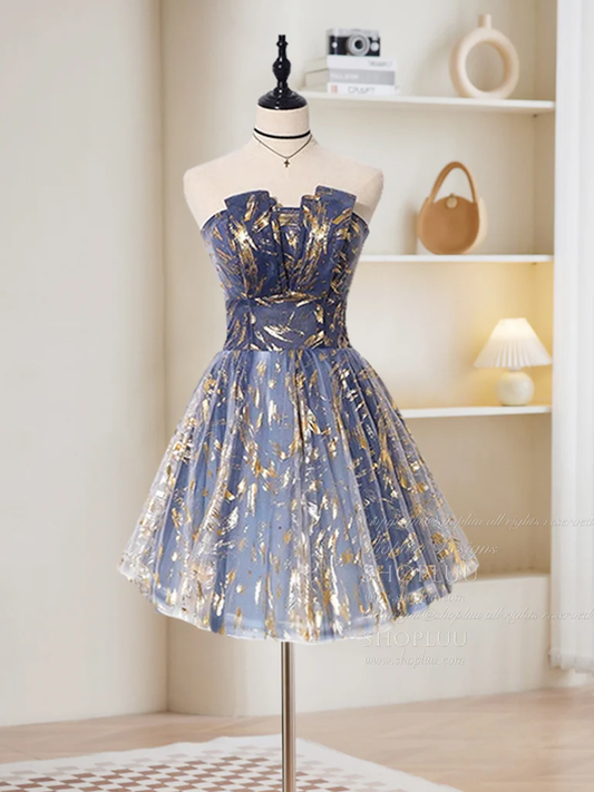 Retro Blue Sequin Strapless Design A-line Tulle Party Dress Homecoming Dress TP4073