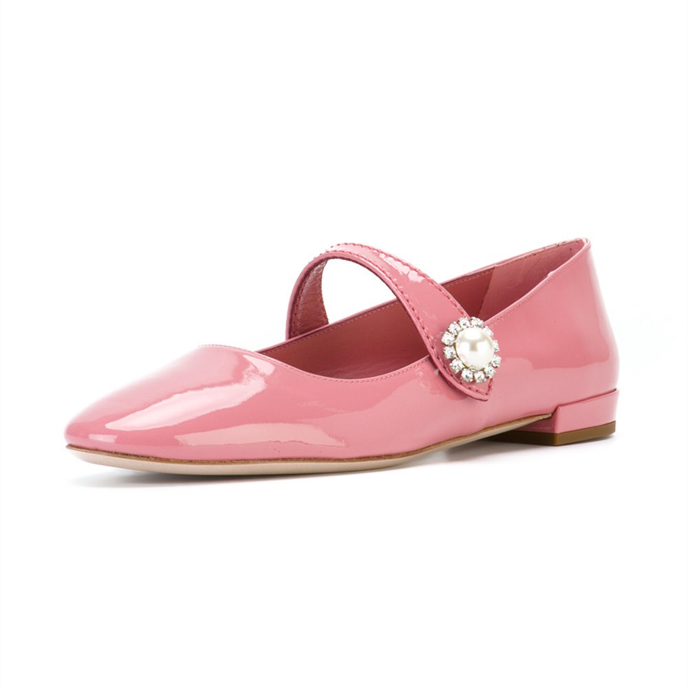 Pink Patent Leather Mary Jane Shoes Square Toe Flats with Rhinestone
