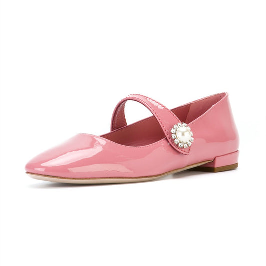 Pink Patent Leather Mary Jane Shoes Square Toe Flats with Rhinestone