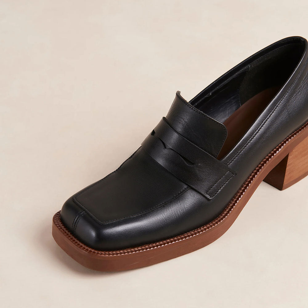 Black Square Toe Block Heel Penny Loafers for Women