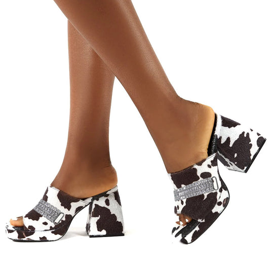 Black & White Faux Suede Square Toe Chunky Heel Mules with Milk Cow Pattern