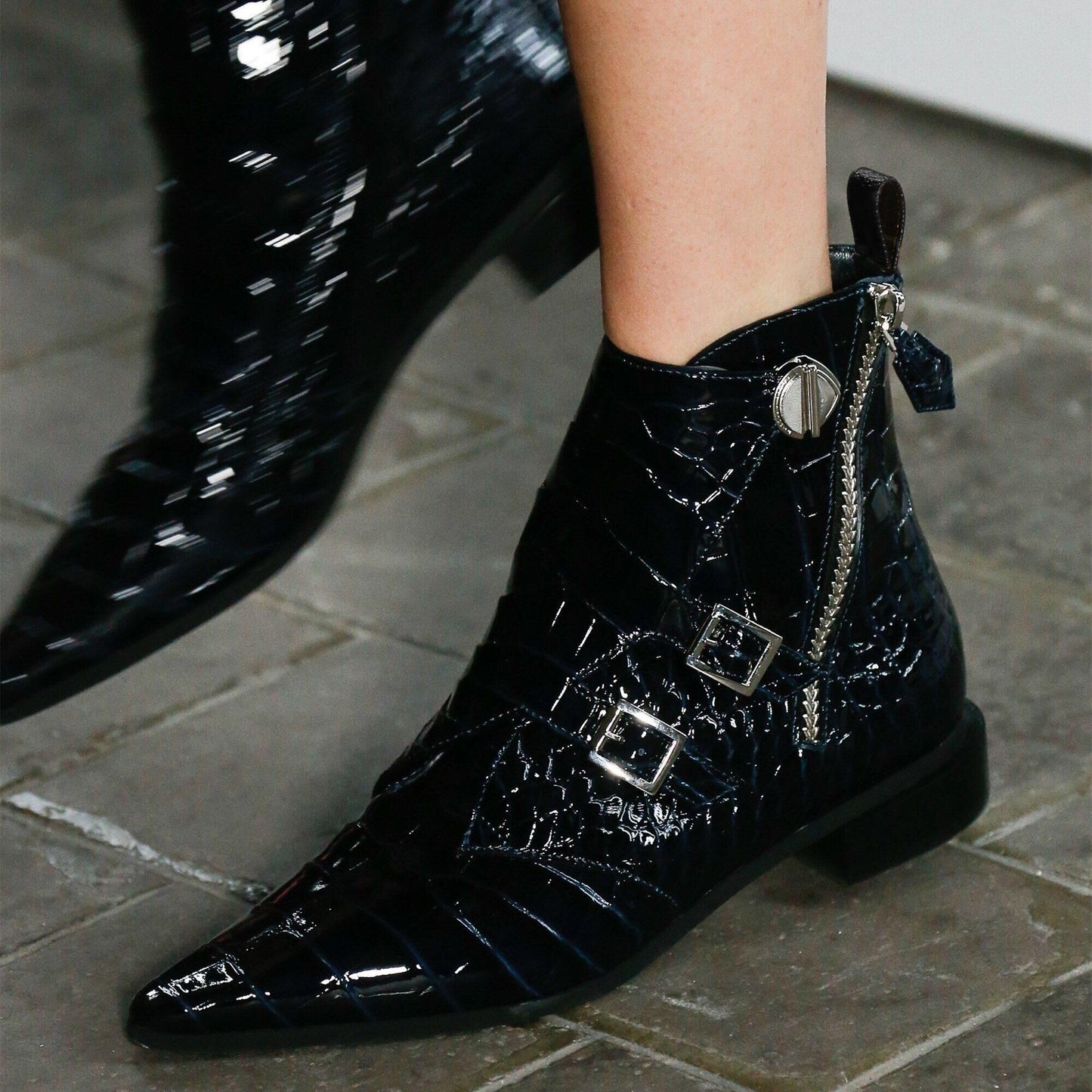 Black Lizard Skin Buckles Pointy Toe Side Zip Flat Ankle Boots