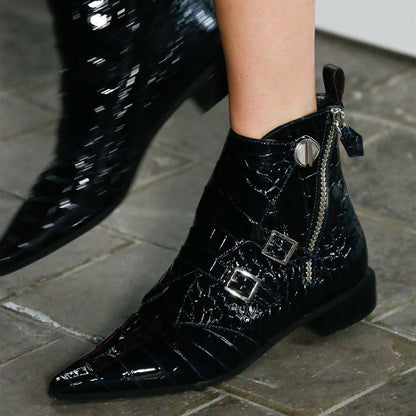 Black Lizard Skin Buckles Pointy Toe Side Zip Flat Ankle Boots