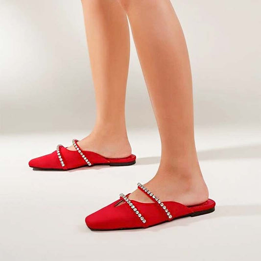Red Square Toe Cut-Out Flats Women's Rhinestones Mules Shoes