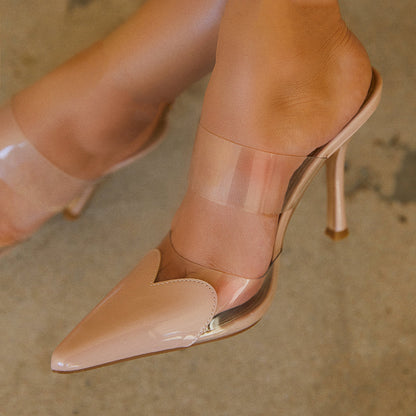 Beige & Clear Pointed Toe 4'' Stiletto Heel Mules