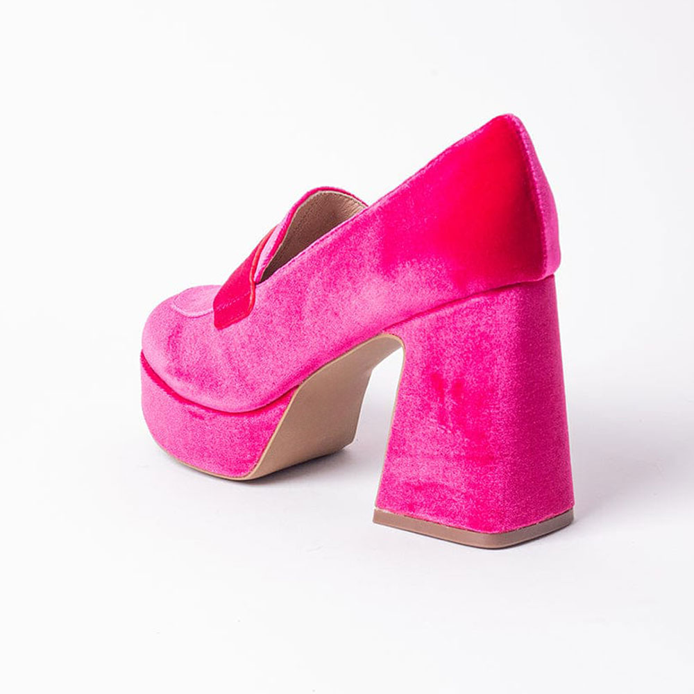 Hot Pink Velvet Round Toe Block Heel Platform Penny Loafers Women