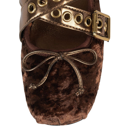 Brown Velvet Round Toe Buckle Strappy Ballet Flats with Bow