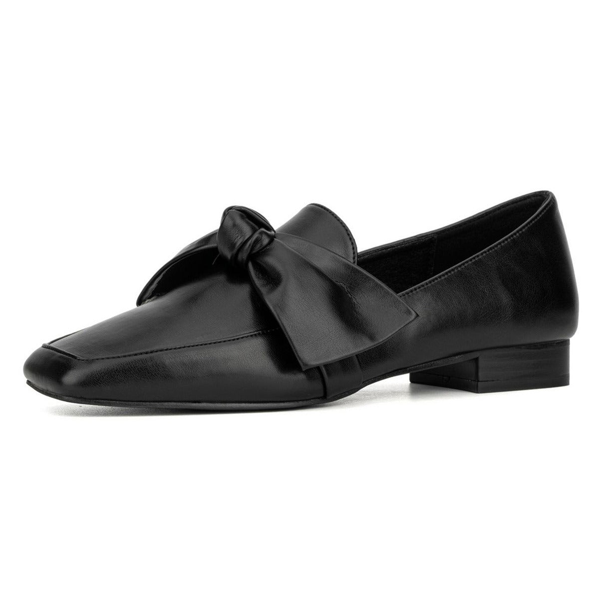 Black Loafers Square Toe Vegan Leather Women's Dress Flats with Bow