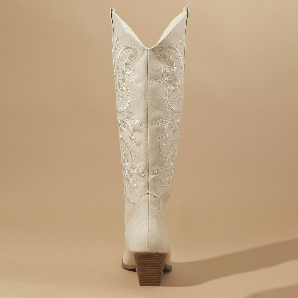Chic Chunky Heel Floral Embroidered Western Knee High Boots in White