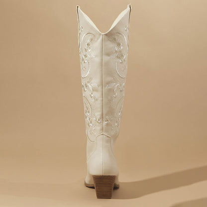 Chic Chunky Heel Floral Embroidered Western Knee High Boots in White
