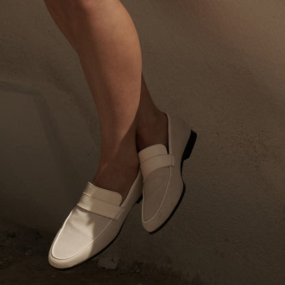 White Vegan Leather Square Toe Chunky Heel Loafers