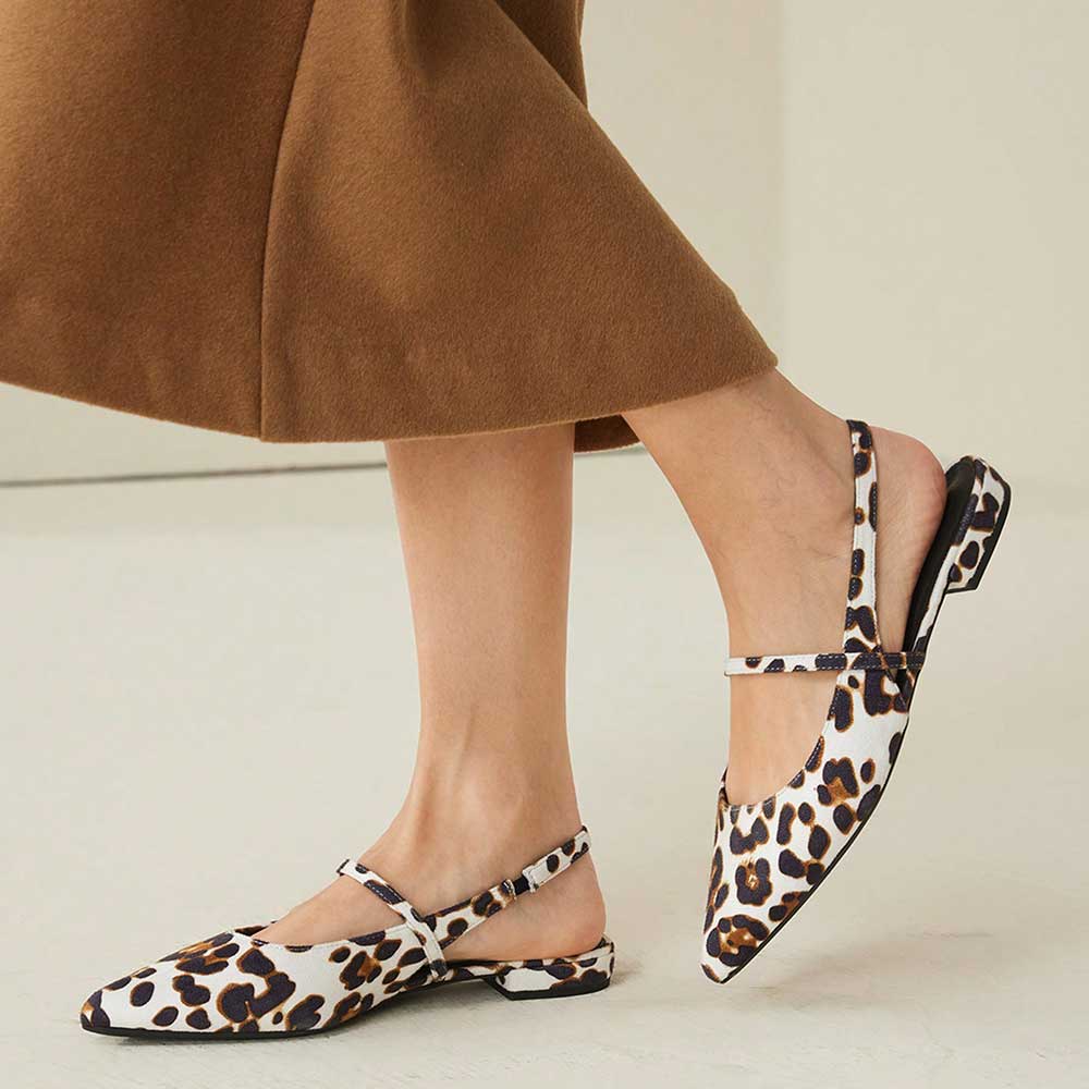 White & Brown Vegan Suede Leopard Print Pointy Toe Slingback Flats