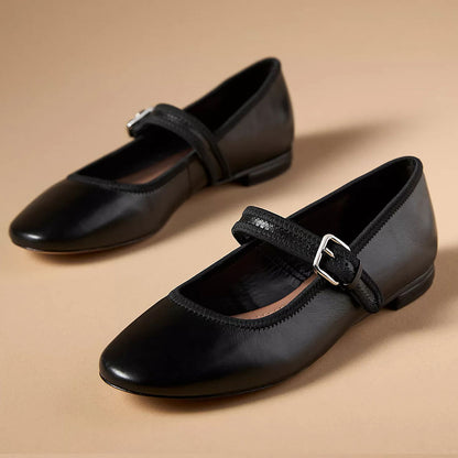Classic Black Round Toe Buckle Strap Women's Dress Flats