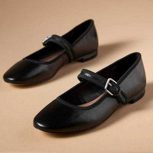 Classic Black Round Toe Buckle Strap Women's Dress Flats