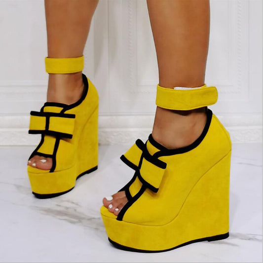 Yellow Open Toe Wedge Heels Women's Ankle Strap Sandals with Bow