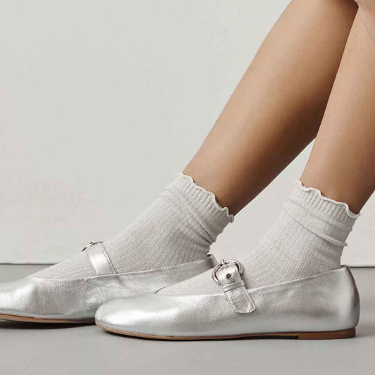 Silver Vegan Leather Round Toe Mary Jane Flats with Buckle
