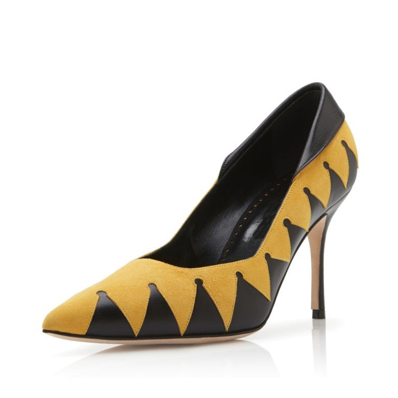 Yellow & Black Vegan Suede Geometric Patchwork Stiletto Heels Pumps