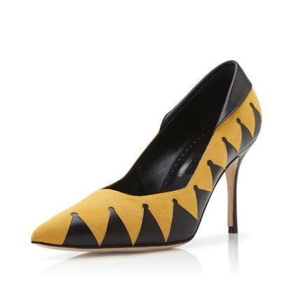 Yellow & Black Vegan Suede Geometric Patchwork Stiletto Heels Pumps