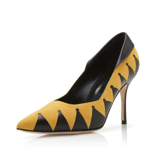 Yellow & Black Vegan Suede Geometric Patchwork Stiletto Heels Pumps