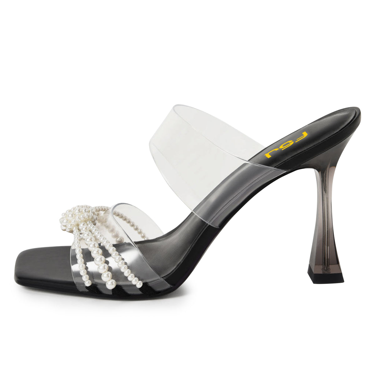 Black & Clear Square Toe Pearl Embellished Flared Heel Mules Sandals