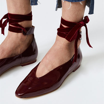Burgundy Patent Leather Comfy Velvet Strap Lace Up Flats
