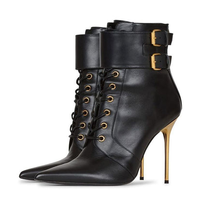 Black Lace Up Ankle Boots Pointed Toe Stiletto Heel Buckle Shoes